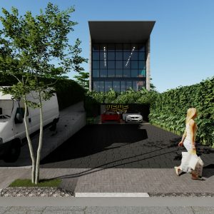 Fachada Frontal com a Garagem Fechada. (Ar:Co – Arquitetura Cooperativa).