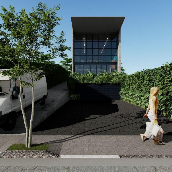 Fachada Frontal com a Garagem Aberta. (Ar:Co – Arquitetura Cooperativa).