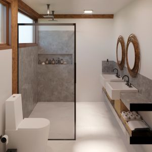 Banheiro da Suíte 1. (Ar:Co – Arquitetura Cooperativa).